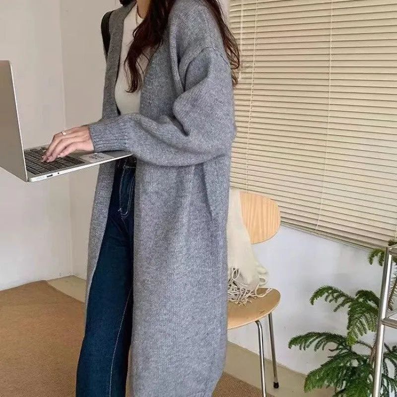 Lanfubeisi black sweater dress outfit Knitted Cardigan Women's Spring and Autumn Simple Lazy Style Loose Mid-Length over-the-Knee Sweater Coat Top