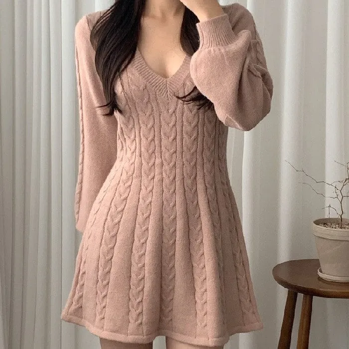 Lanfubeisi long sweater dress outfit Chic Autumn and Winter Vintage Linen Pattern V-neck Tight Waist Slimming Small A- line Knitted Sweater Dress Women