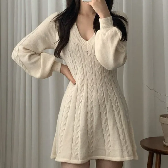 Lanfubeisi long sweater dress outfit Chic Autumn and Winter Vintage Linen Pattern V-neck Tight Waist Slimming Small A- line Knitted Sweater Dress Women