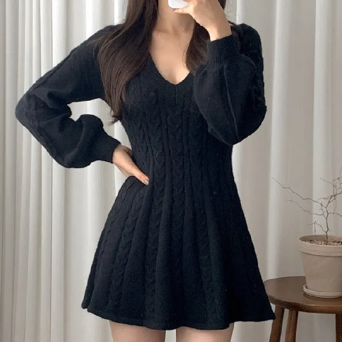 Lanfubeisi long sweater dress outfit Chic Autumn and Winter Vintage Linen Pattern V-neck Tight Waist Slimming Small A- line Knitted Sweater Dress Women