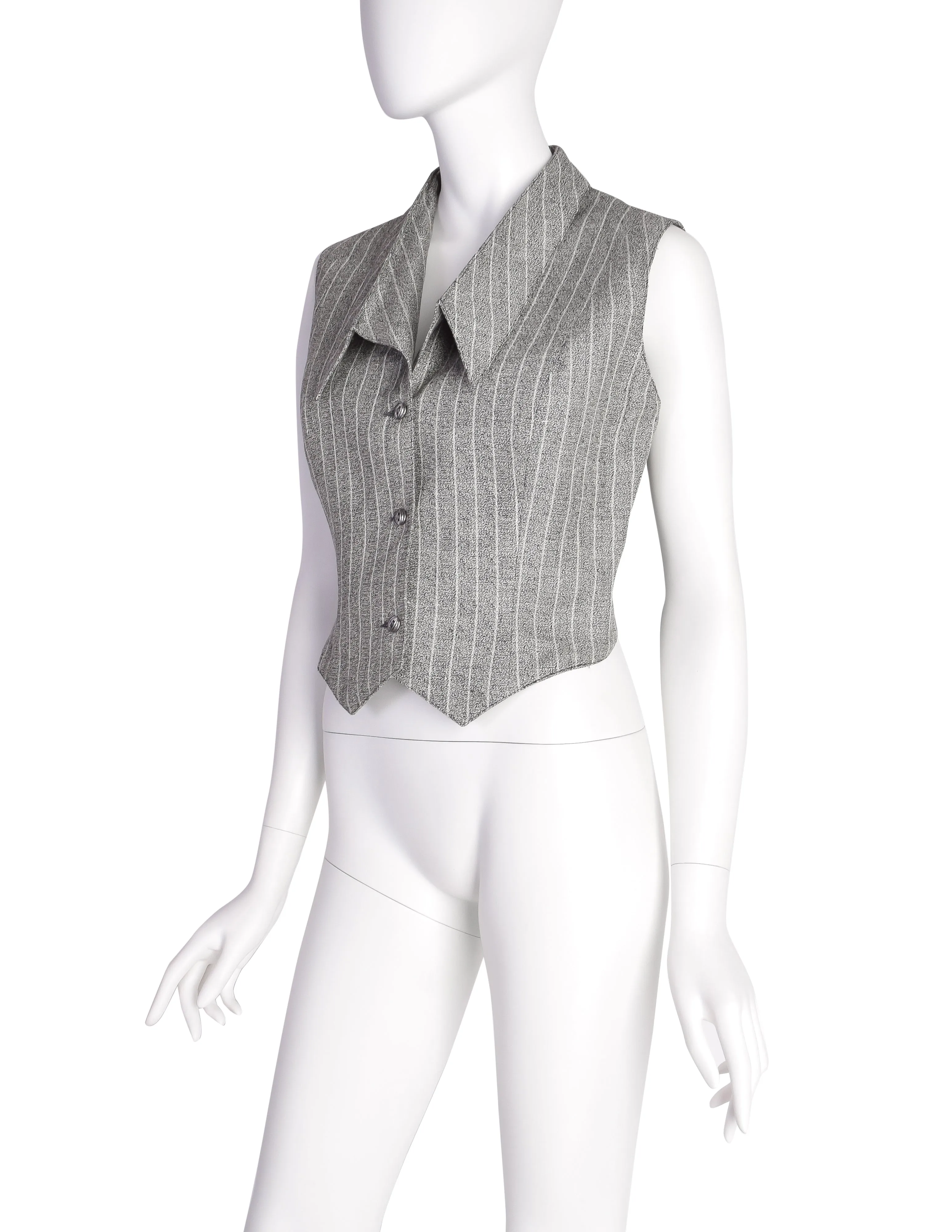 Lanvin Vintage Stunning Grey Striped Cropped Cross-Over Back Button Up Gilet Top