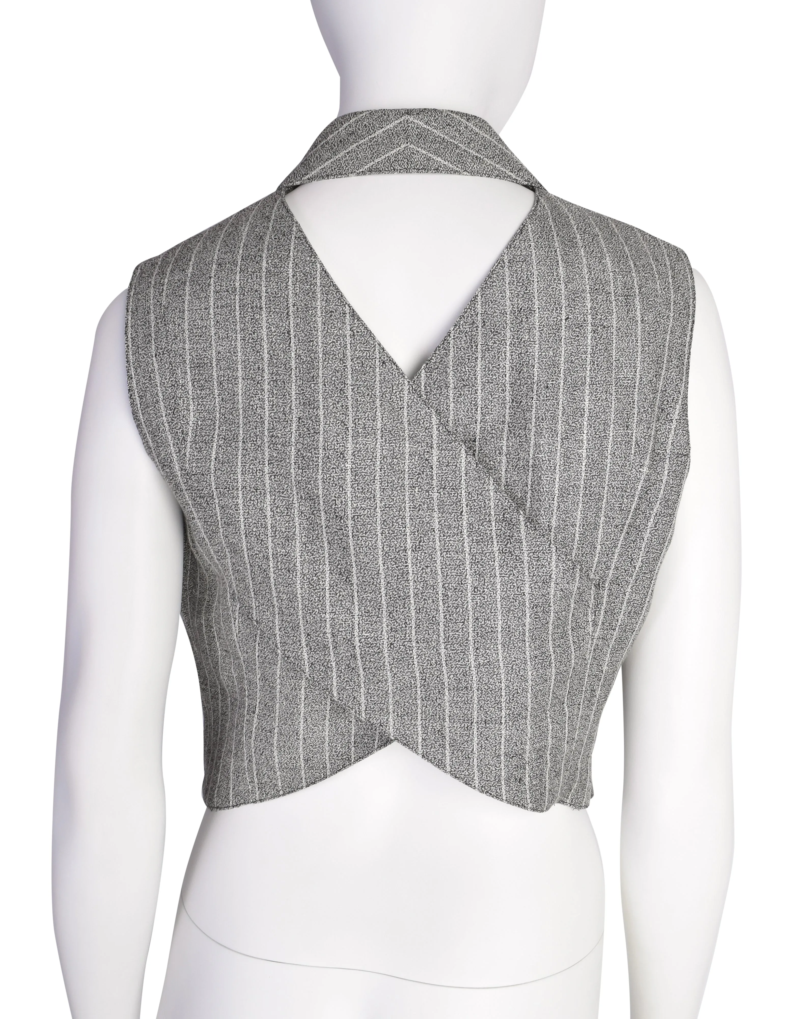 Lanvin Vintage Stunning Grey Striped Cropped Cross-Over Back Button Up Gilet Top