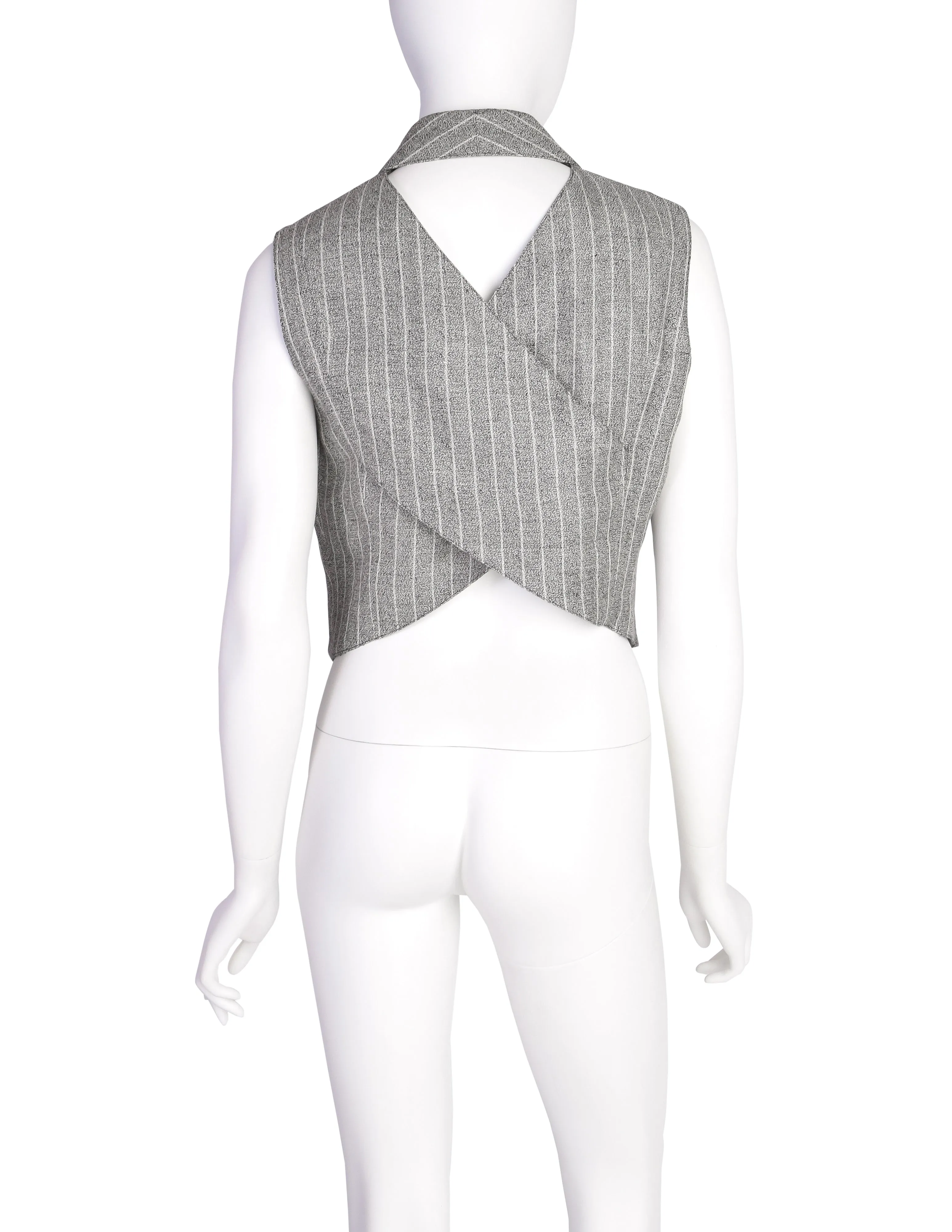 Lanvin Vintage Stunning Grey Striped Cropped Cross-Over Back Button Up Gilet Top