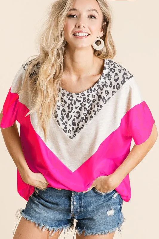 Leopard & Color Block Top, Neon PInk