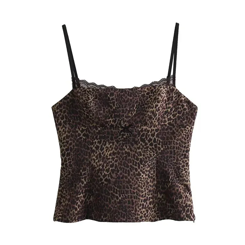 Leopard Print Sling Women Sexy Tube Top Sleeveless Backless Lace Slim Tanks Tops Female Summer Satin Lady Camisole Blouse