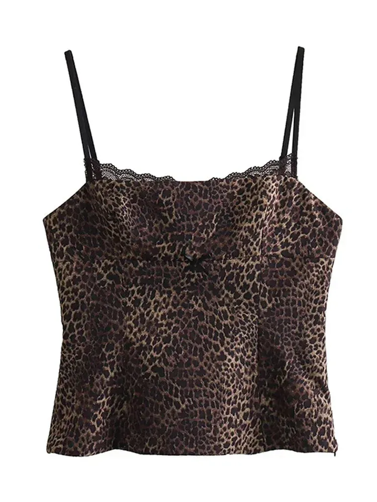 Leopard Print Sling Women Sexy Tube Top Sleeveless Backless Lace Slim Tanks Tops Female Summer Satin Lady Camisole Blouse