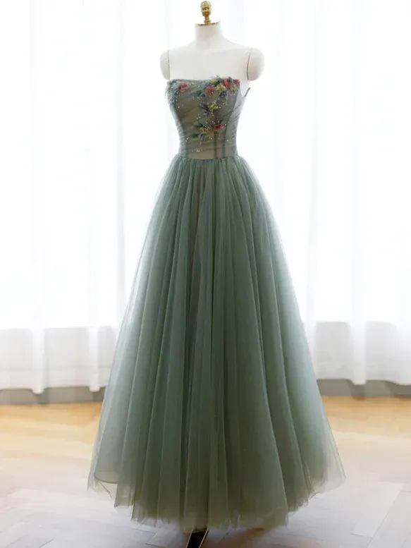 Light Green Sweetheart A-line Prom Dress, Green Long Party Dress with Lace Applique