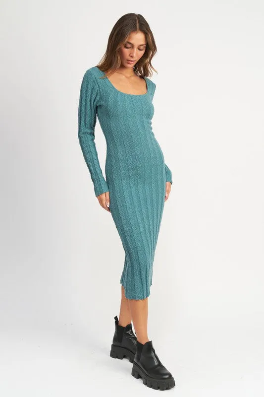 Light Teal Dream Long Sleeve Ribbed Midi Dress