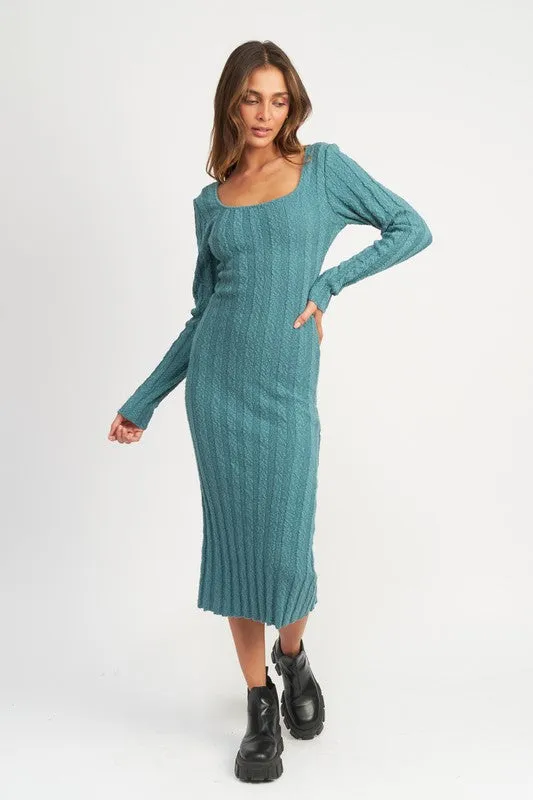 Light Teal Dream Long Sleeve Ribbed Midi Dress