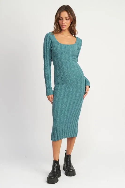 Light Teal Dream Long Sleeve Ribbed Midi Dress