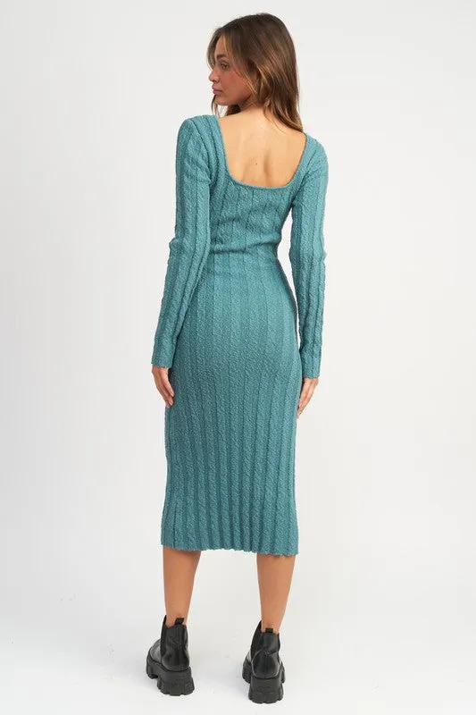 Light Teal Dream Long Sleeve Ribbed Midi Dress