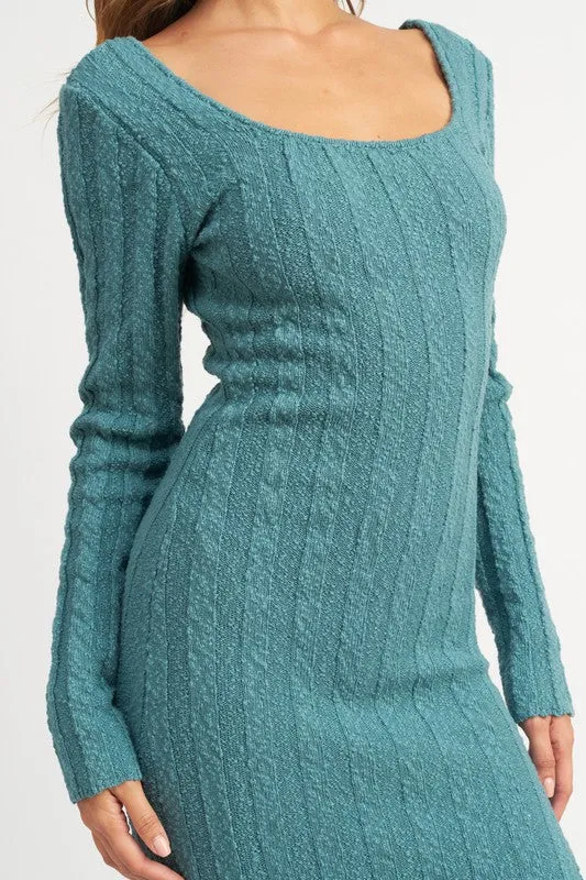 Light Teal Dream Long Sleeve Ribbed Midi Dress