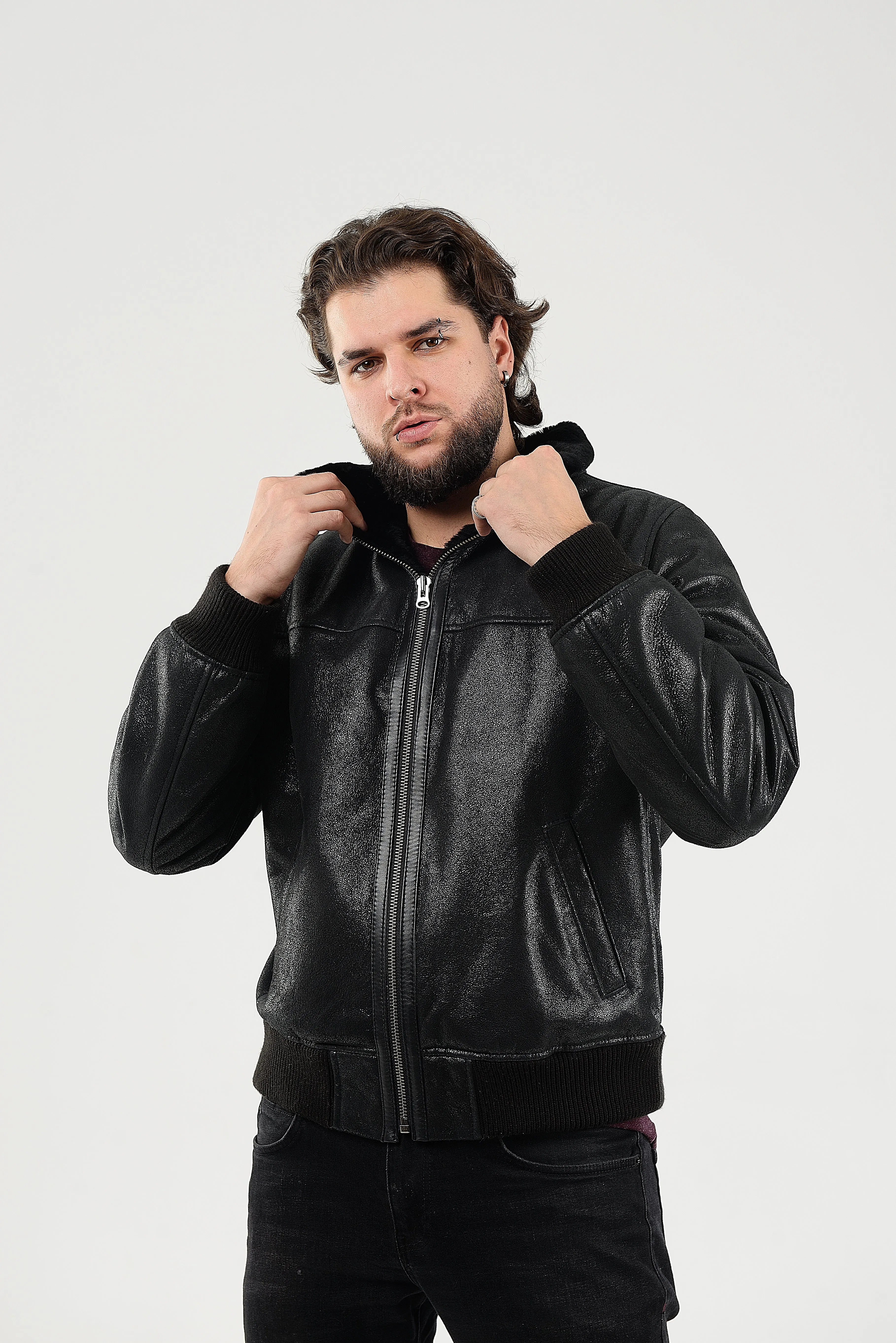 Lightweight Real Shearling Sheepskin Leather Mens Jacket in Black Color