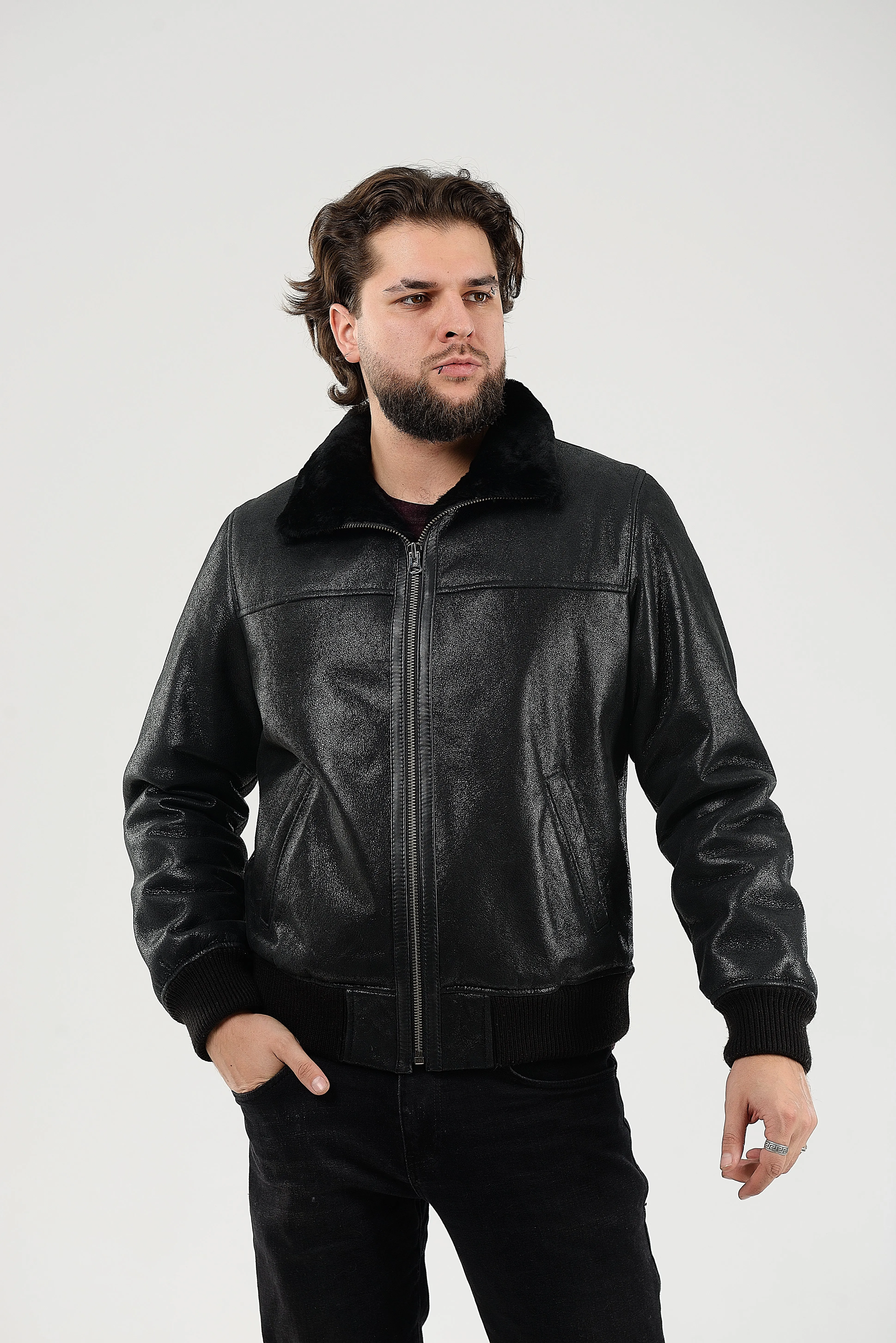 Lightweight Real Shearling Sheepskin Leather Mens Jacket in Black Color