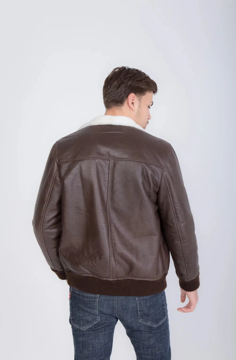 Lightweight Real Shearling Sheepskin Leather Mens Jacket in Brown Color