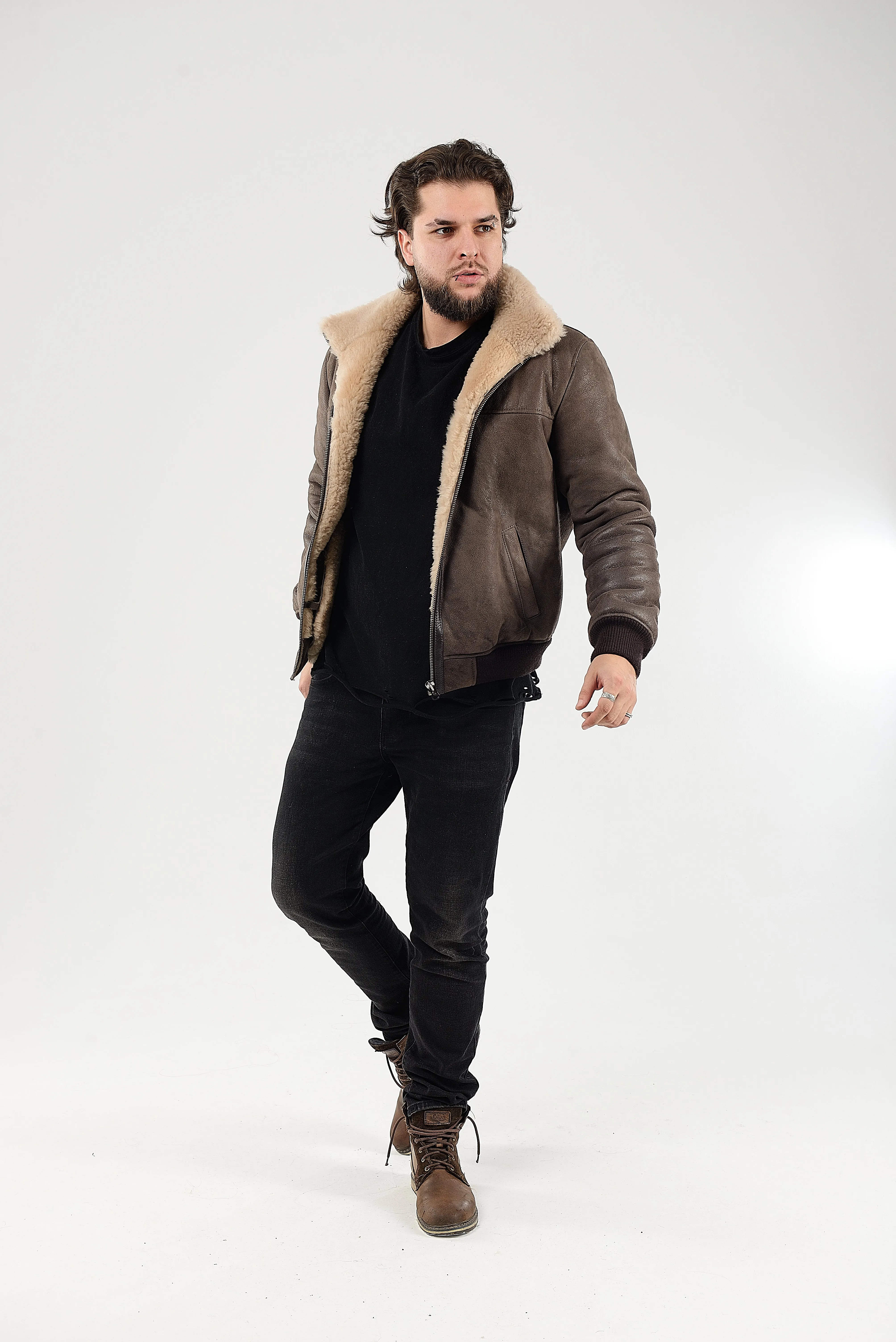 Lightweight Real Shearling Sheepskin Leather Mens Jacket in Khaki Color