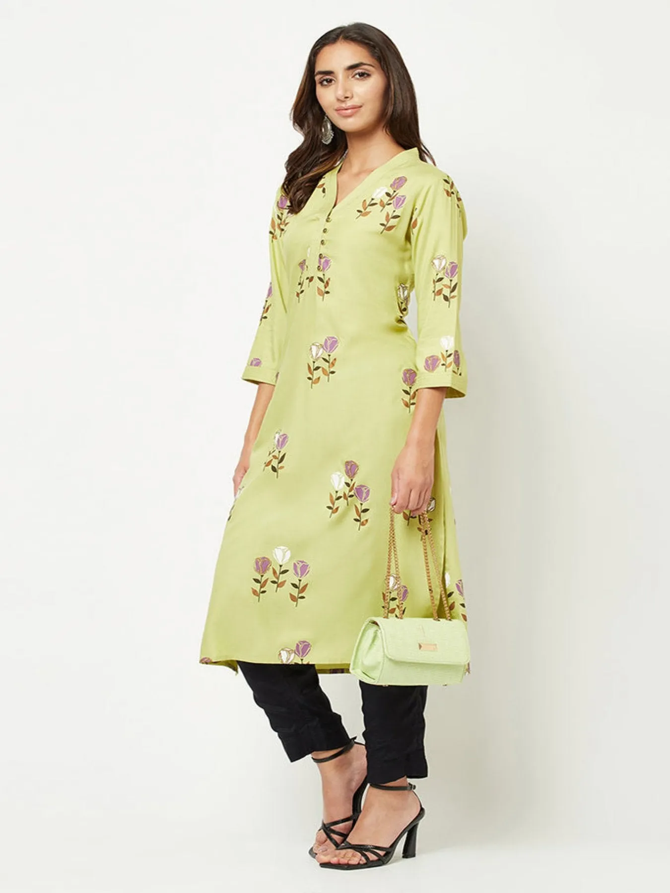 Lime Green Floral Printed Kurta