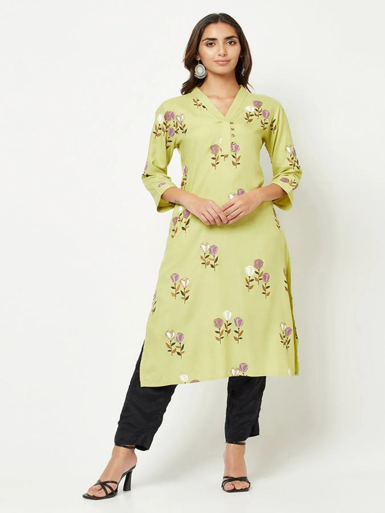 Lime Green Floral Printed Kurta