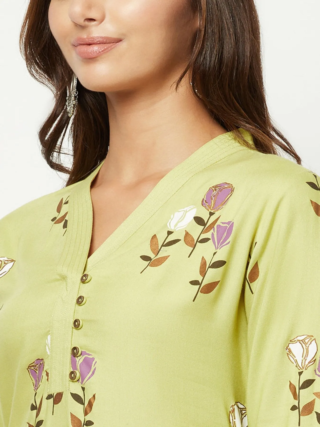 Lime Green Floral Printed Kurta