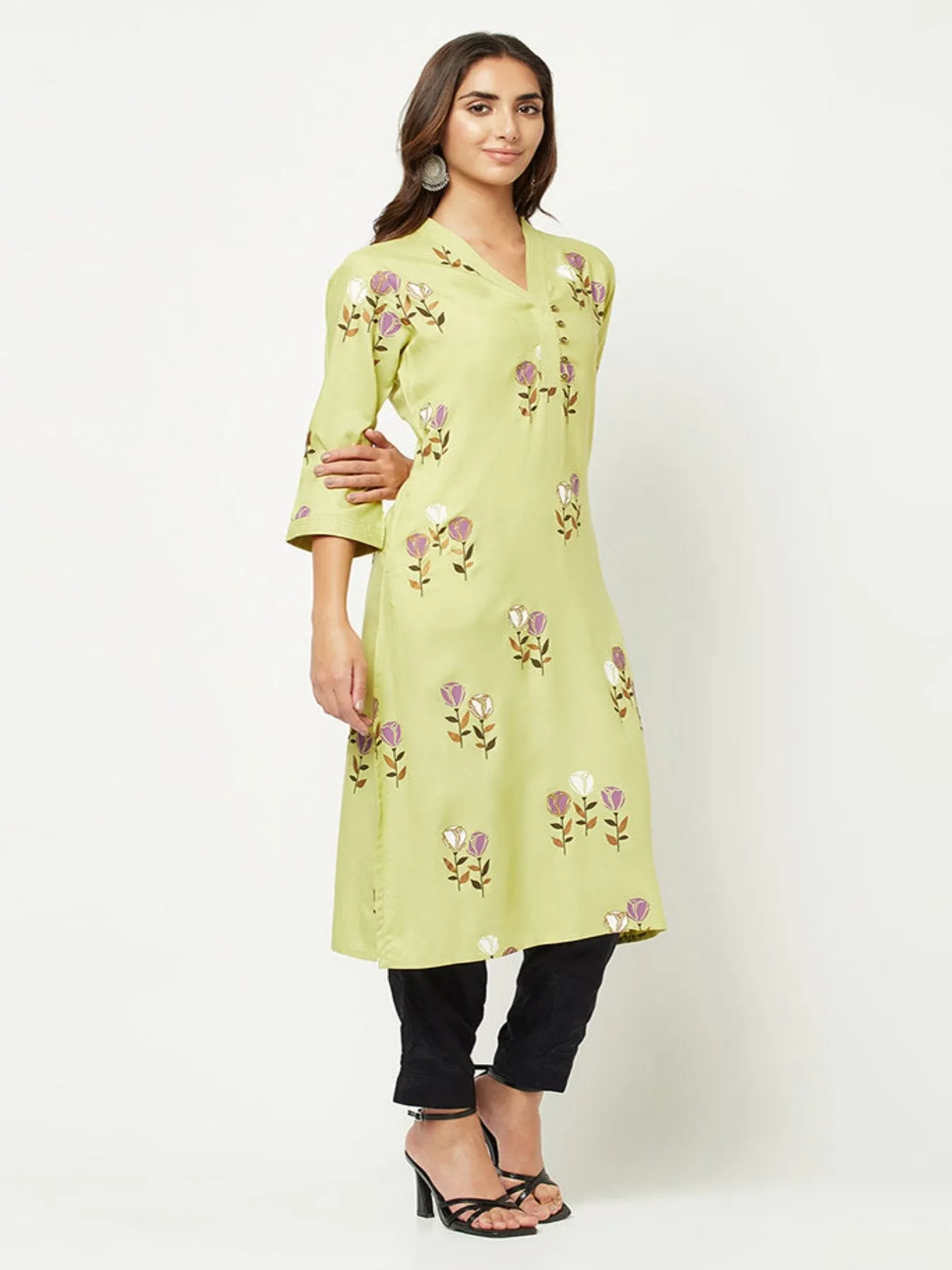 Lime Green Floral Printed Kurta