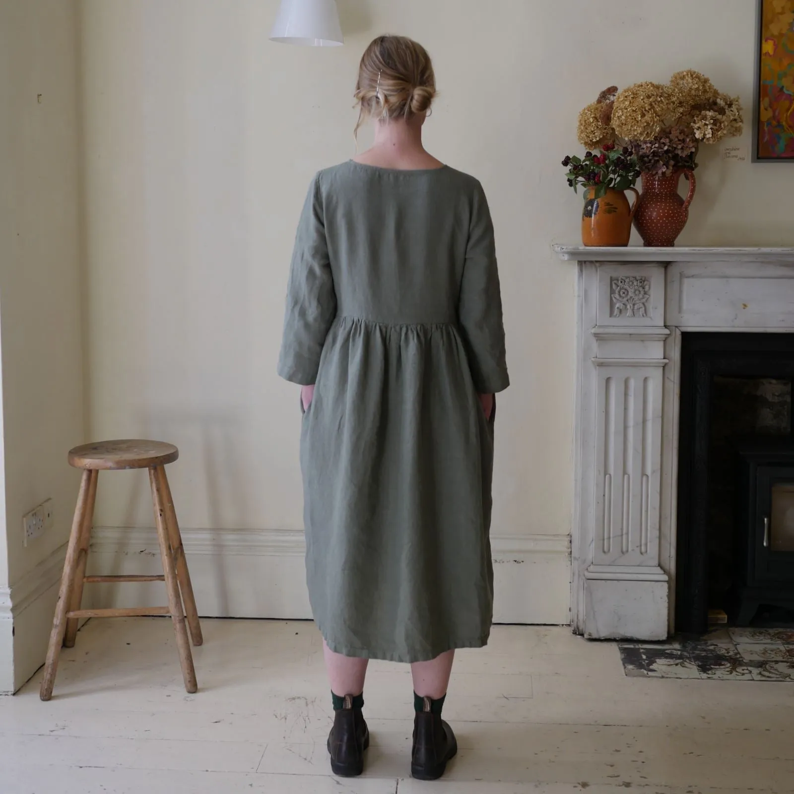 Linen Smock Dress - Olive