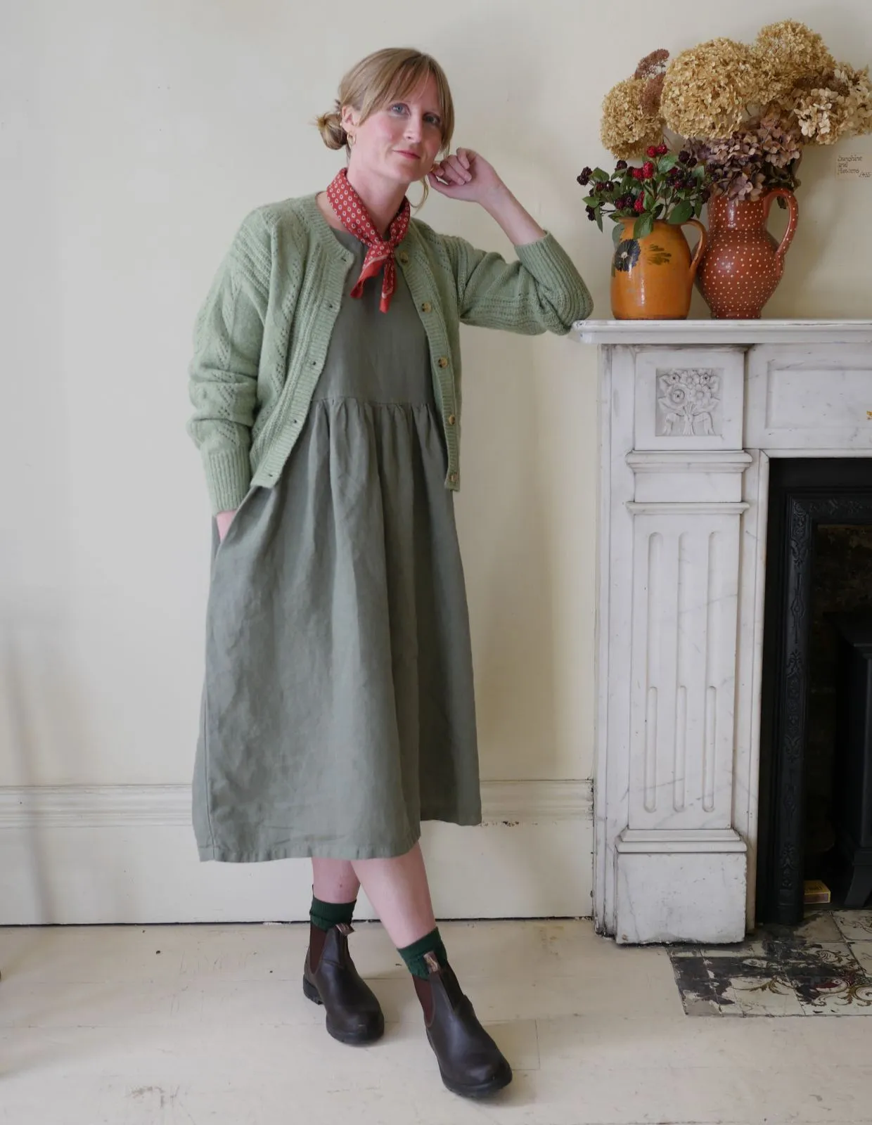 Linen Smock Dress - Olive