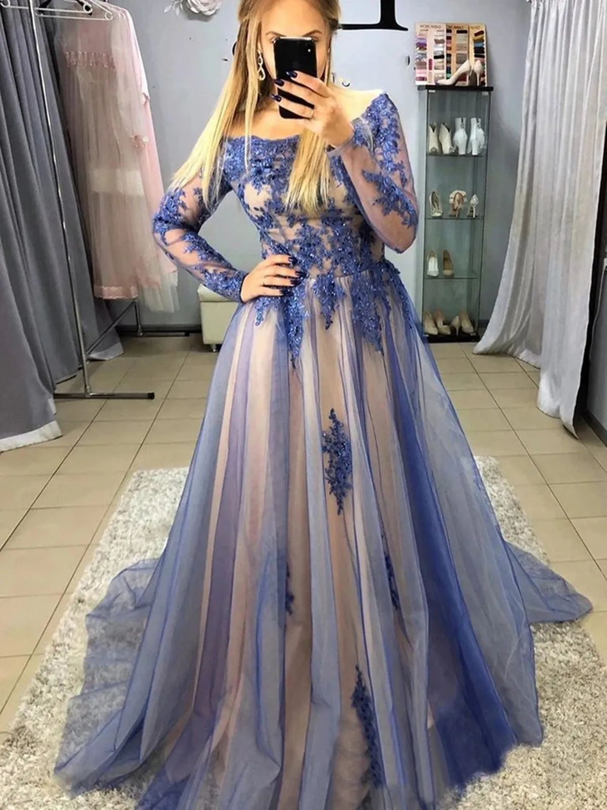 Long Sleeves Blue Lace Long Prom, Blue Lace Formal Evening