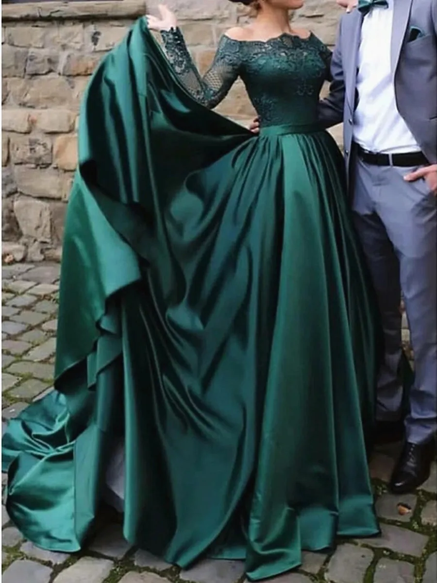 Long Sleeves Lace Emerald Green Prom, Emerald Green Lace Formal, Green Evening