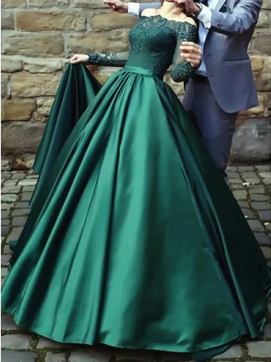 Long Sleeves Lace Emerald Green Prom, Emerald Green Lace Formal, Green Evening