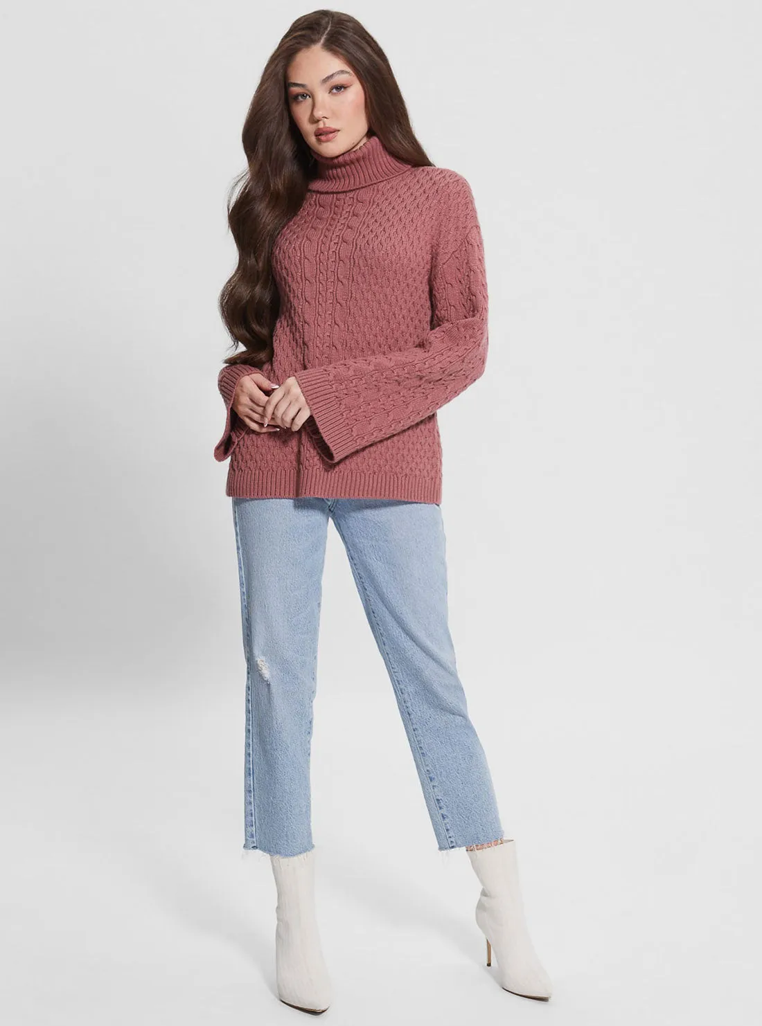 Mauve Wendi Cable Knit Turtleneck Top