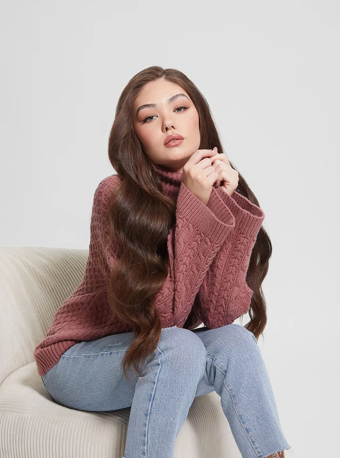 Mauve Wendi Cable Knit Turtleneck Top