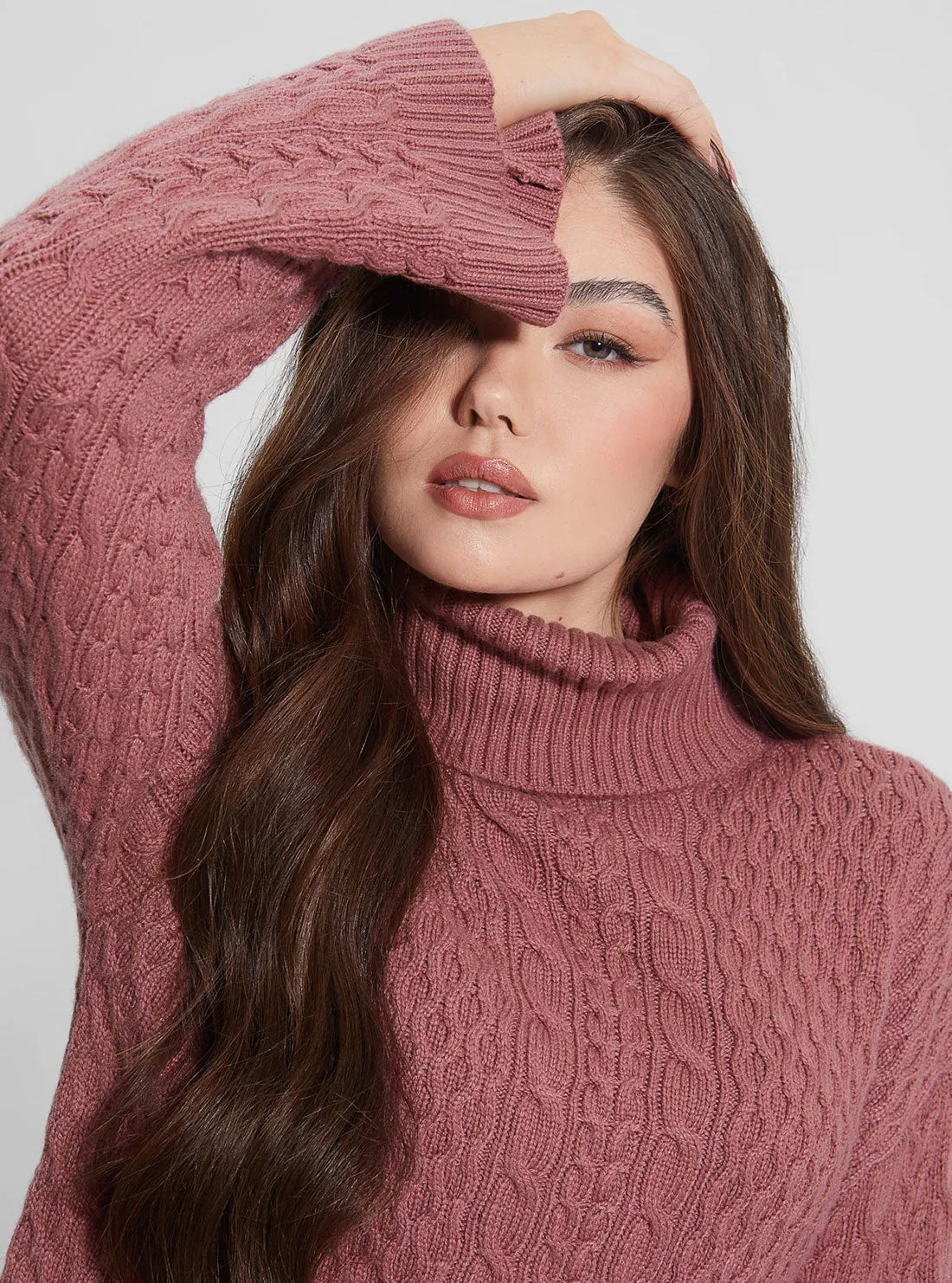 Mauve Wendi Cable Knit Turtleneck Top