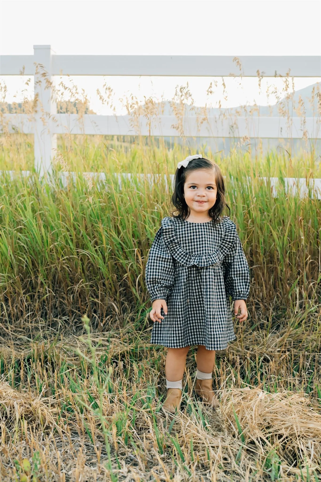 Mebie Baby Gingham Long Sleeve Ruffle Linen Dress