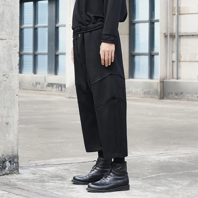 Men's Japanese Casual Simple Elastic Waist Cropped Wide Leg Pants