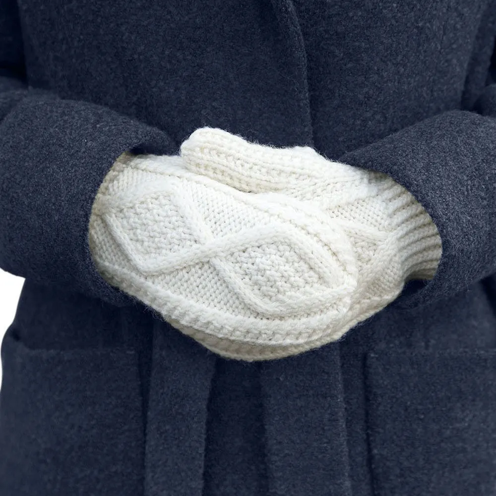 Merino Wool Knit Aran Mittens in White