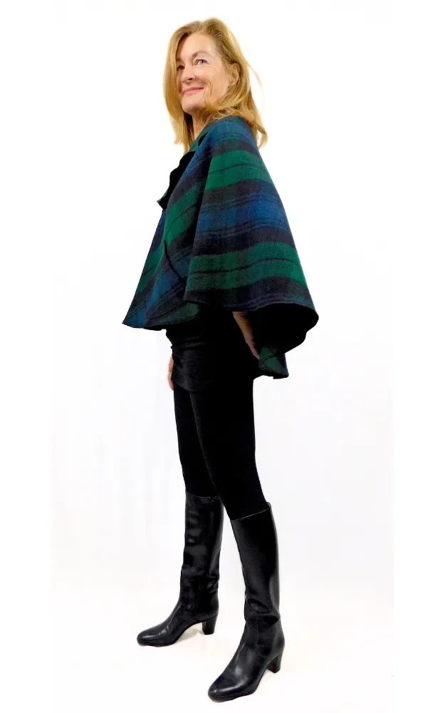 Merino Wool Tartan Cape Jacket - Black Watch - Design Studio - Size S/M