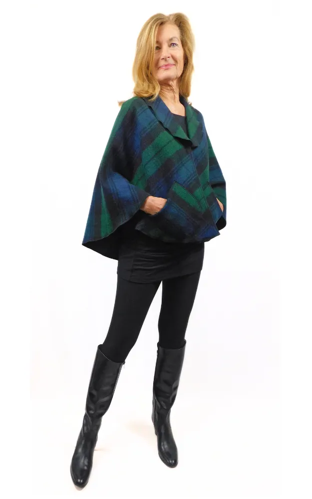 Merino Wool Tartan Cape Jacket - Black Watch - Design Studio - Size S/M