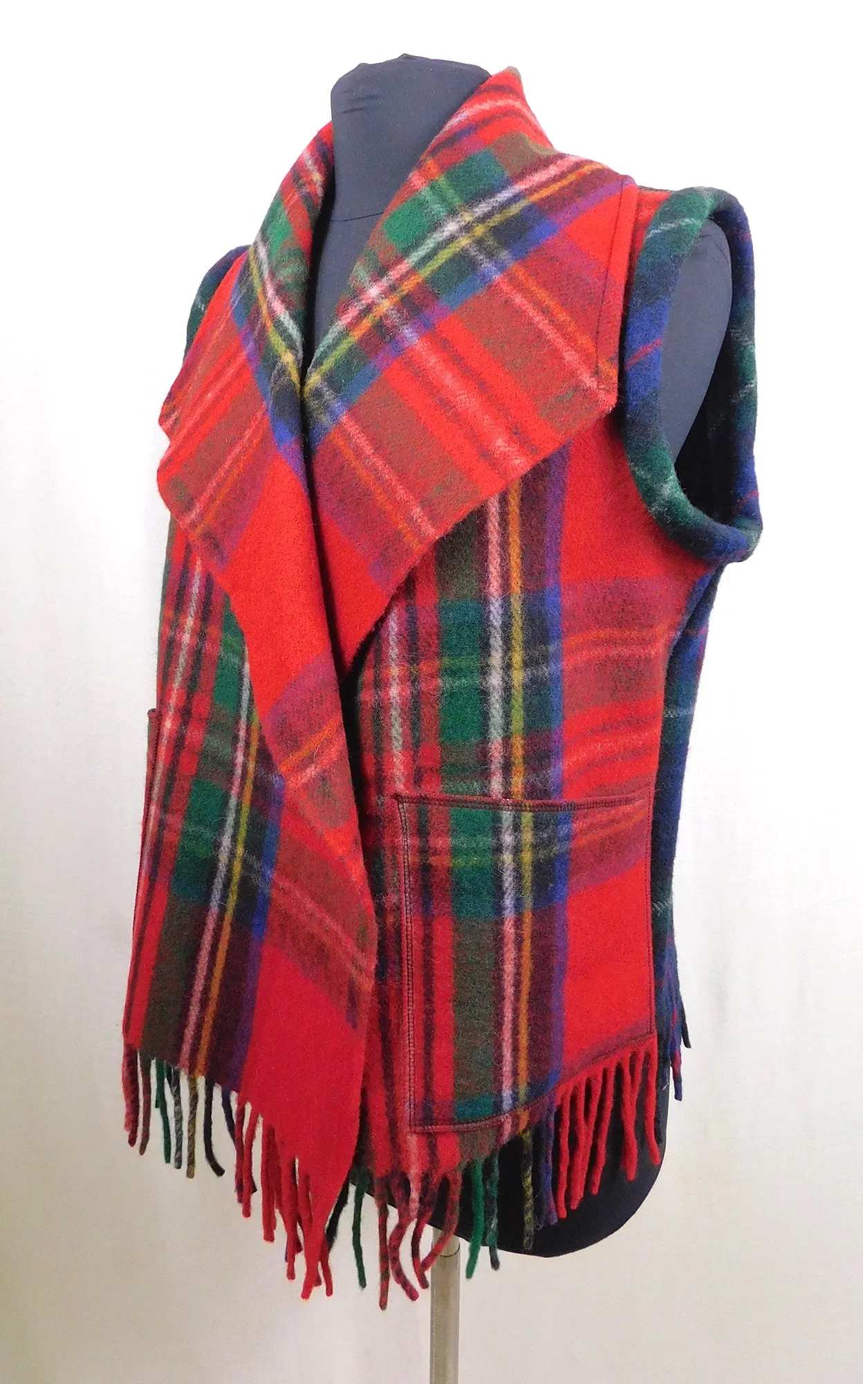 Merino Wool Tartan Vest Jacket - Royal Stewart & Blue Tartan  - Size S