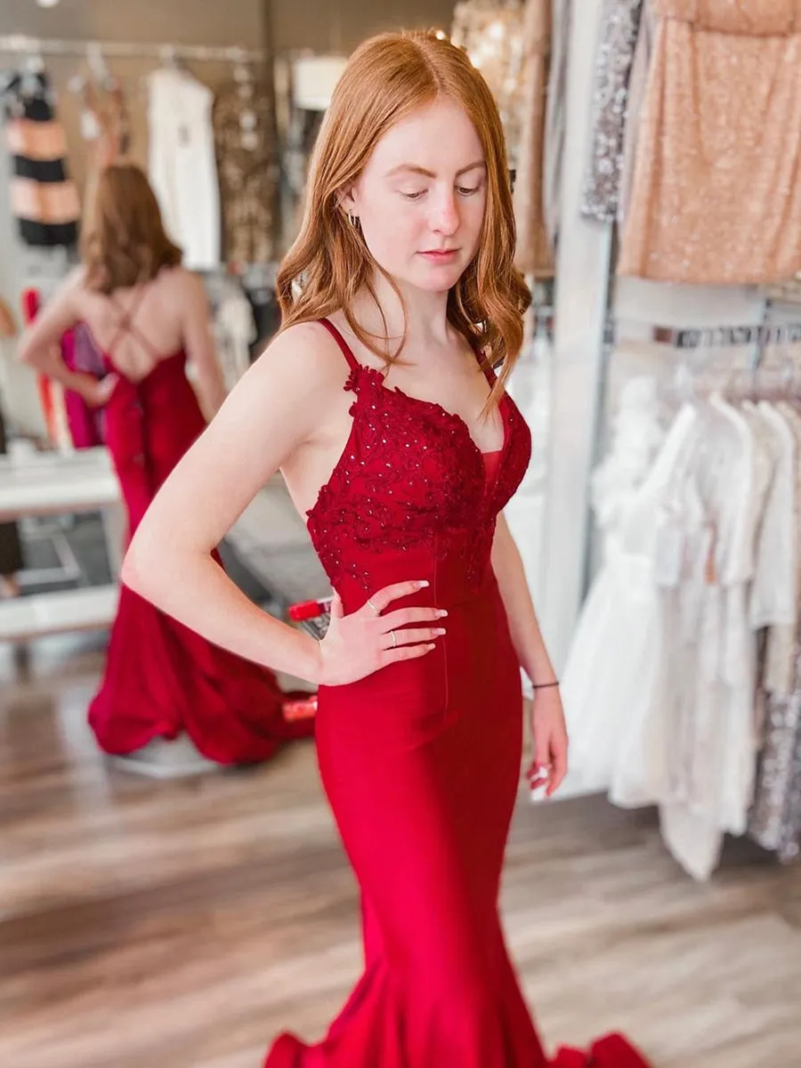 Mermaid V Neck Backless Red Lace Long Prom, Mermaid Red Lace Formal, Mermaid Red Evening