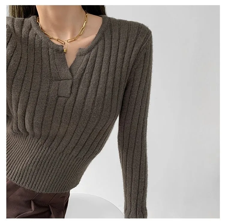 METAVERSMALL New Japanese and Korean casual simple style V-neck threaded sweater 2023 autumn and winter lazy and versatile design knitted sweater