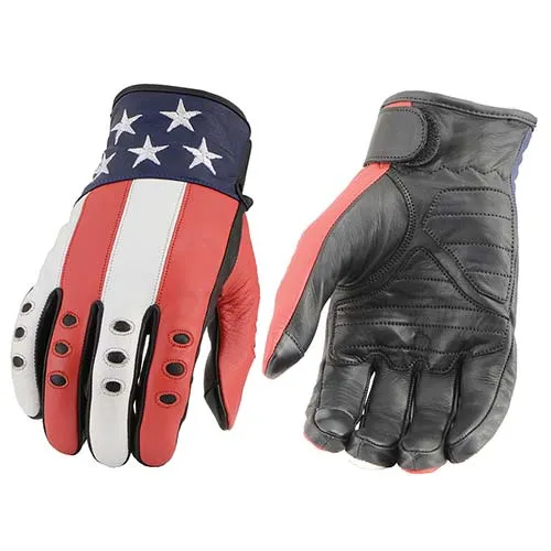 Milwaukee Leather MG7527 Men's Black Leather i-Touch Screen Compatible Motorcycle Hand Gloves w/ Stars and Stripes