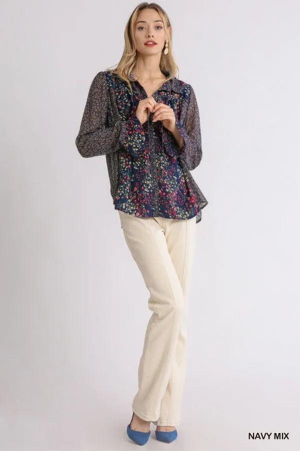 Mixed Floral Print Metallic Blouse