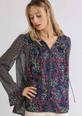 Mixed Floral Print Metallic Blouse