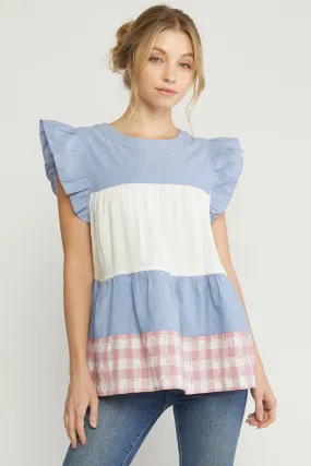 Mixed Print Tiered Top, Blue