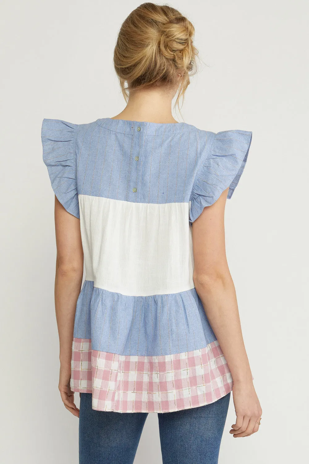 Mixed Print Tiered Top, Blue