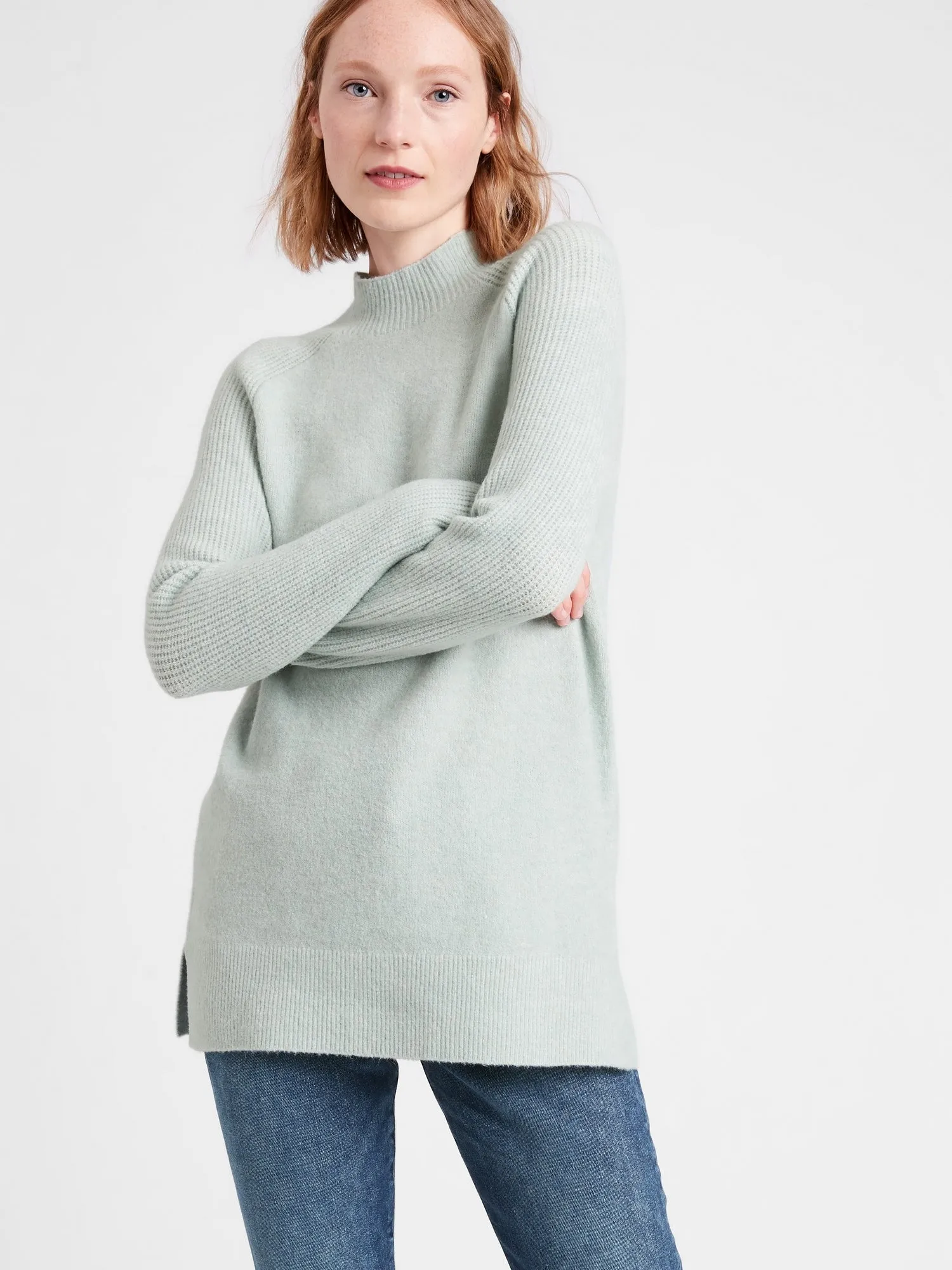 Mock-Neck Sweater Tunic in Green Sage Mist