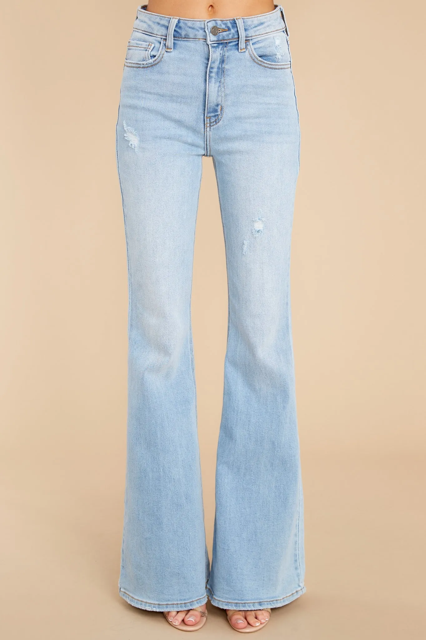 More Power To You Light Wash Distressed Flare Jeans