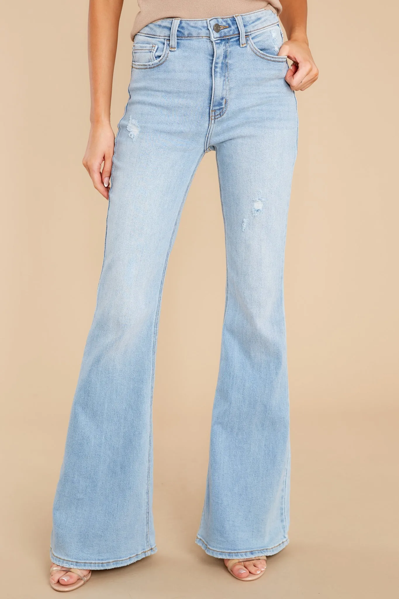 More Power To You Light Wash Distressed Flare Jeans