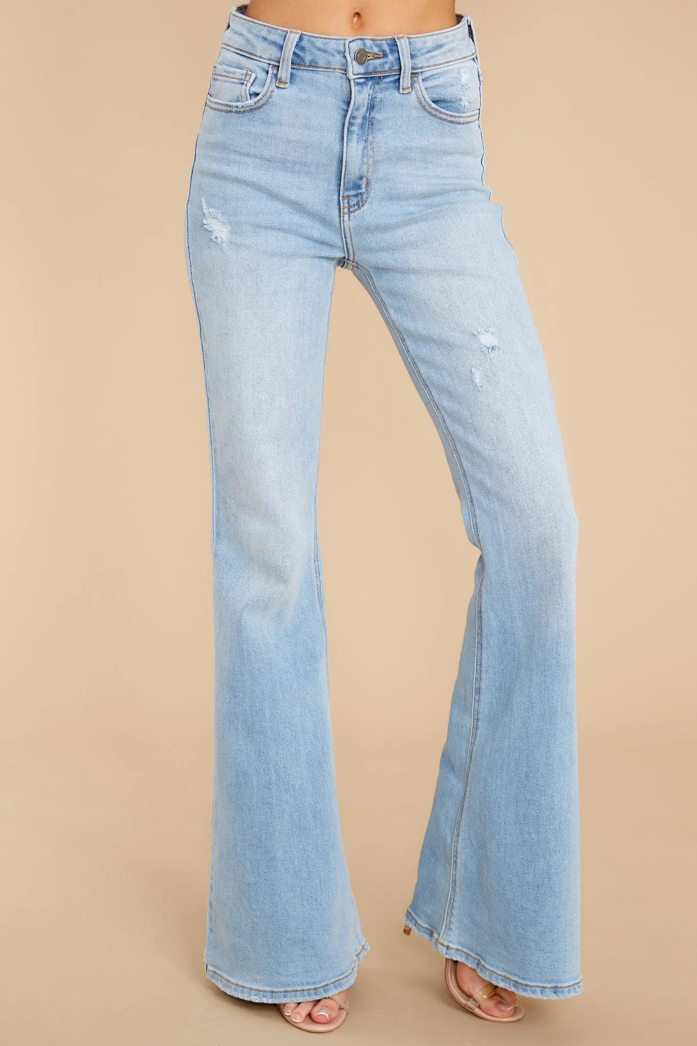 More Power To You Light Wash Distressed Flare Jeans