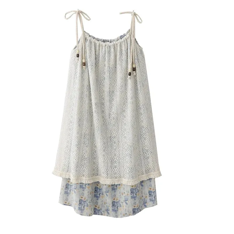 Mori Girl Style Vintage Floral Lace Splicing Camisole Dress Women Summer Holiday Seaside Loose Aesthetic Mid-length Halter Dress